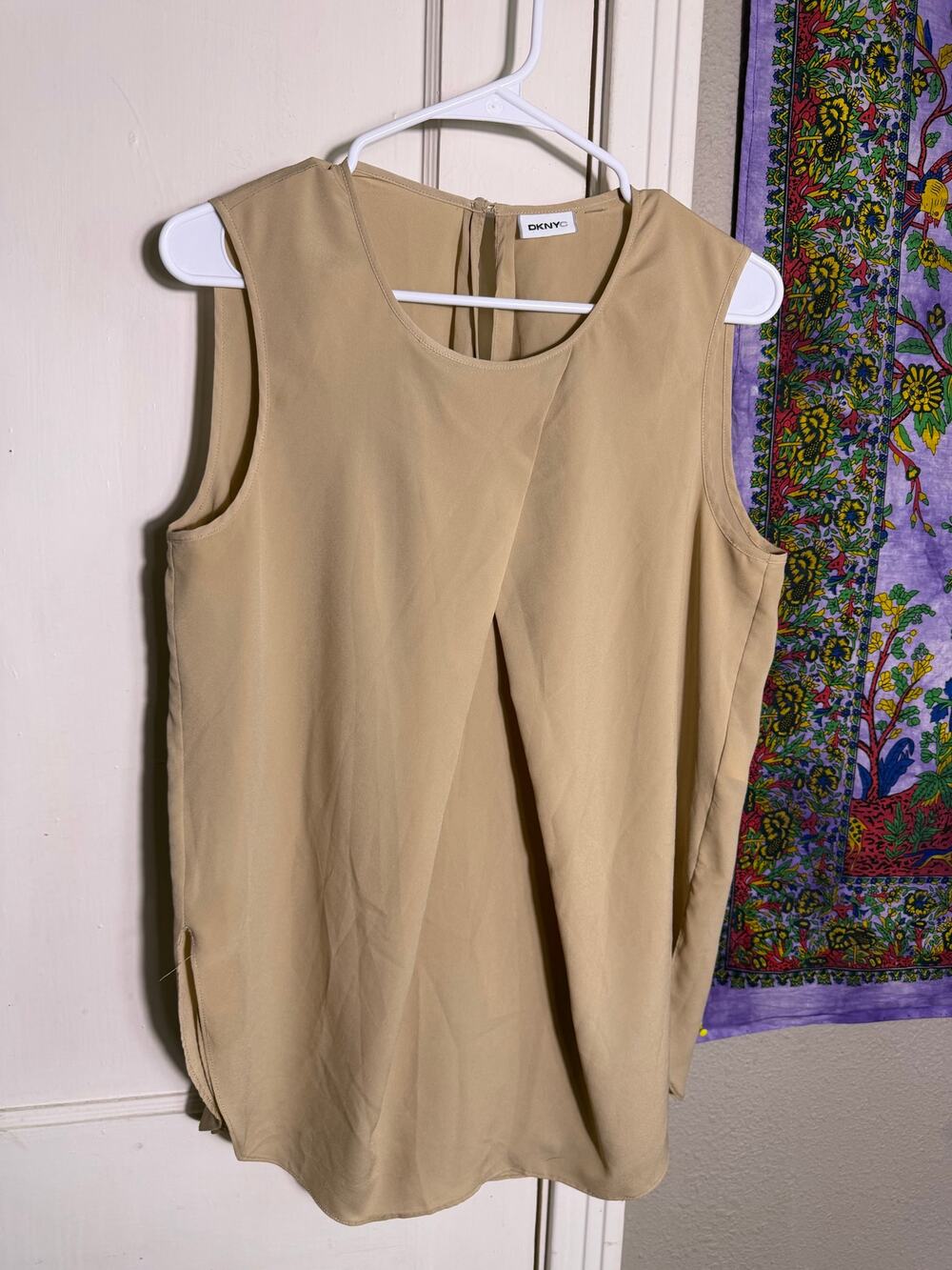 DKNYC Large Camel Tan Sleeveless Blouse Asymmetrical Draped Layered Top